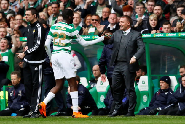 Celtic's Odsonne Edouard shakes hands with manager Brendan Rodgers as he is substituted