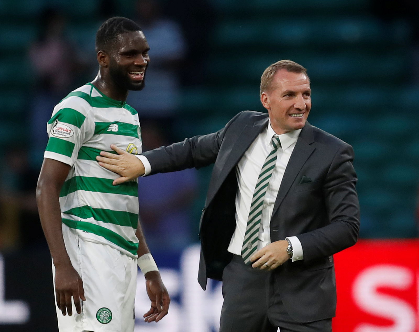 Celtic’s Odsonne Edouard and manager Brendan Rodgers after the match