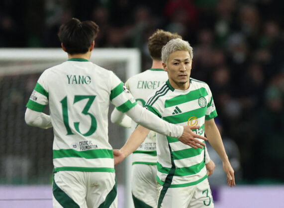 Daizen Maeda and Yang celebrates goal against Bayern Munich