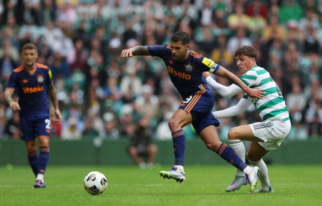 Newcastle United's Bruno Guimaraes in action with Celtic's Arne Engels