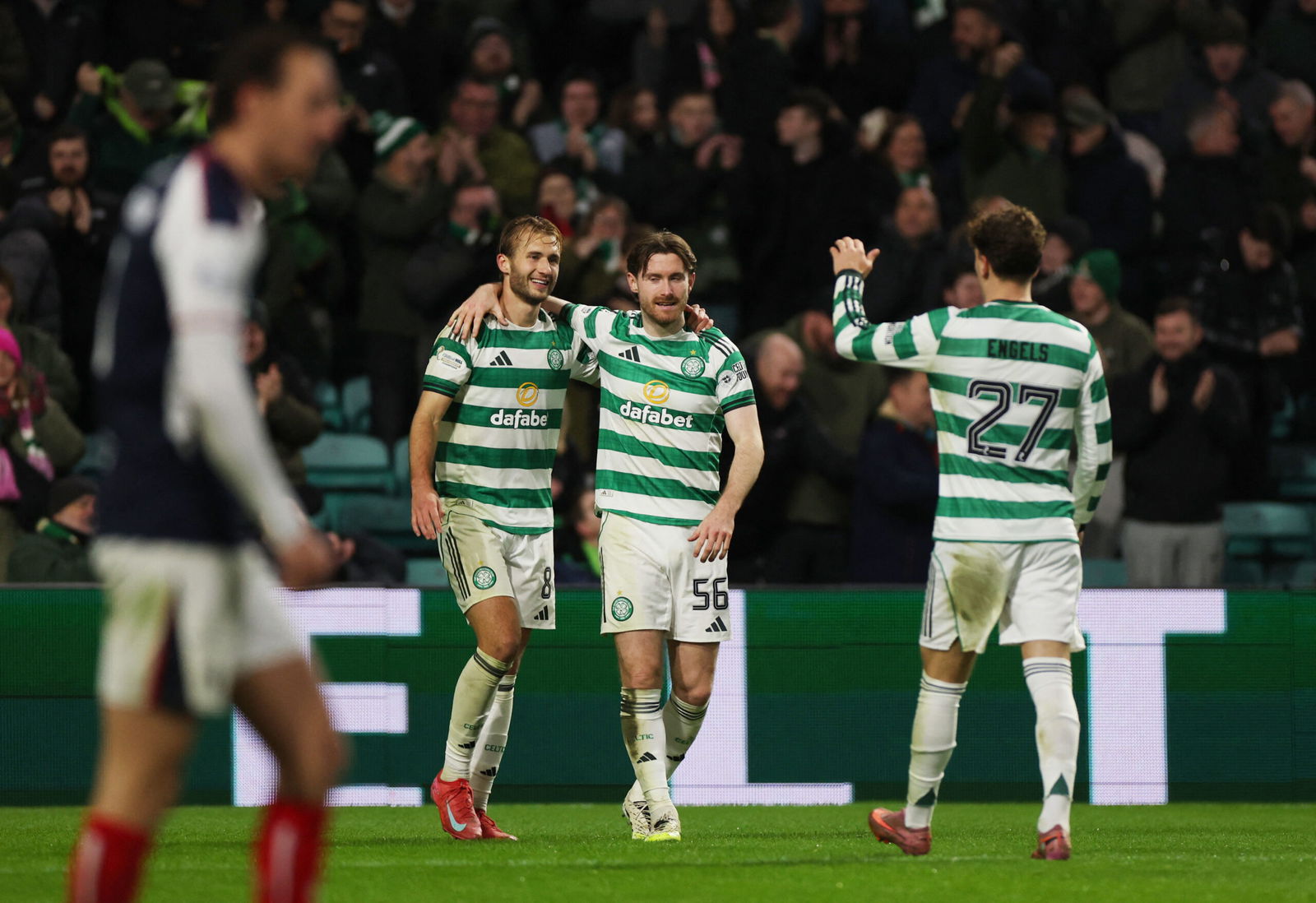 Scottish Premiership - Celtic v Falkirk Celtic FC Benjamin Nygren, Anthony Ralston and Arne Engels celebrate