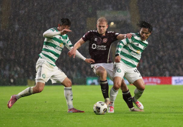 Celtic FC action Reo Hatate and Hearts player Harry Milne
