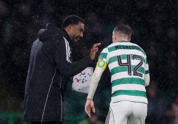 Celtic coach Wilfried Nancy speaks to Celtic fc captain Callum McGregor