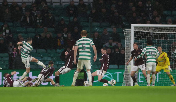 Celtic FC star kieran Tierney scores against Hearts at Celtic Park